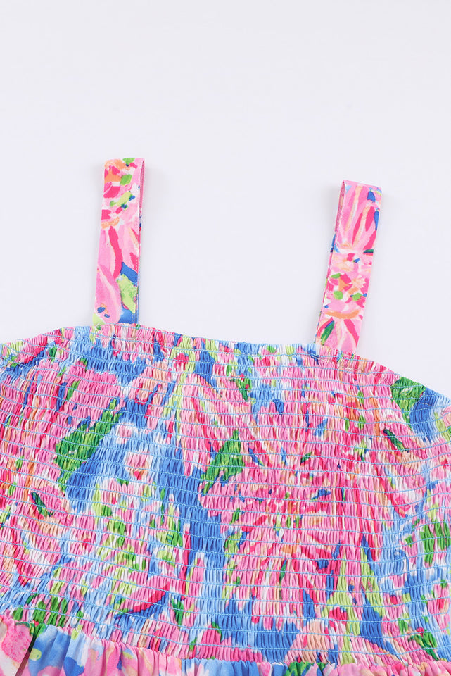 Blossom & Comfort: Floral Smocked Square Neck Jumpsuit with Pockets