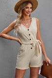 Button Front Belted Sleeveless Romper - AdorableDesignsz 