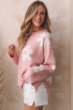 Flower Pattern Pearl Detail Rolled Slit Sweater