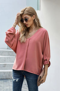 V-Neck Roll-Tab Sleeve Blouse - AdorableDesignsz 