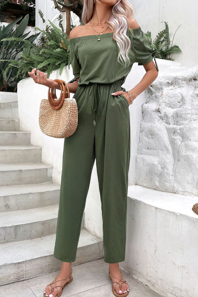 Pockets & Pizzazz: Off-Shoulder Jumpsuit with Tie Cuffs